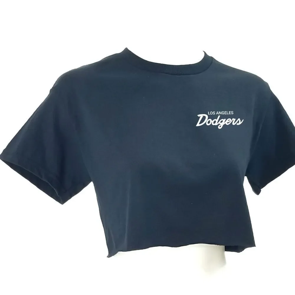 LOS ANGELES DODGERS Double Script Logo MLB Cropped Crop Top Baseball Jersey Tee - Picture 2 of 5